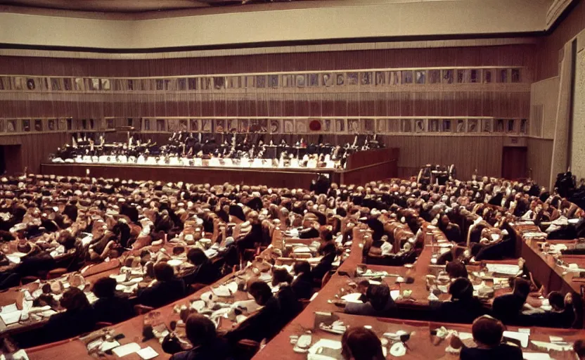 Image similar to 60s movie still of a CCCP congress in a stanilist style parlement, by Irving Penn , cinestill 800t 35mm eastmancolor, heavy grainy picture, very detailed, high quality, 4k, HD criterion, precise texture