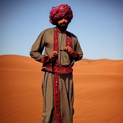 Image similar to realistic photo of omani man wearing traditional clothes standing in a desert