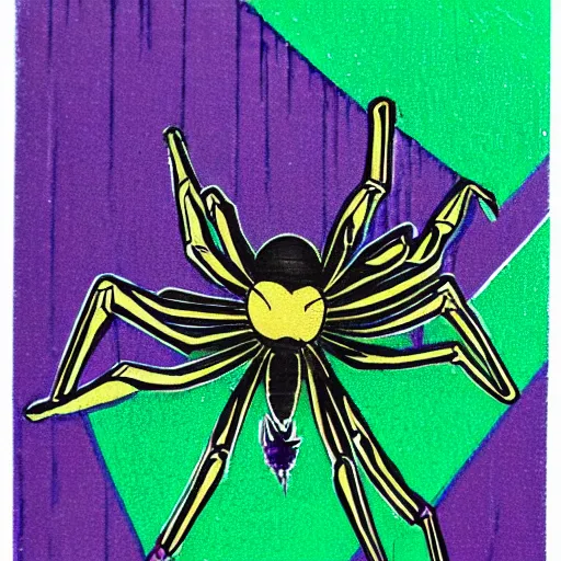 Image similar to spider, purple and green, style of hydro74, woodblock