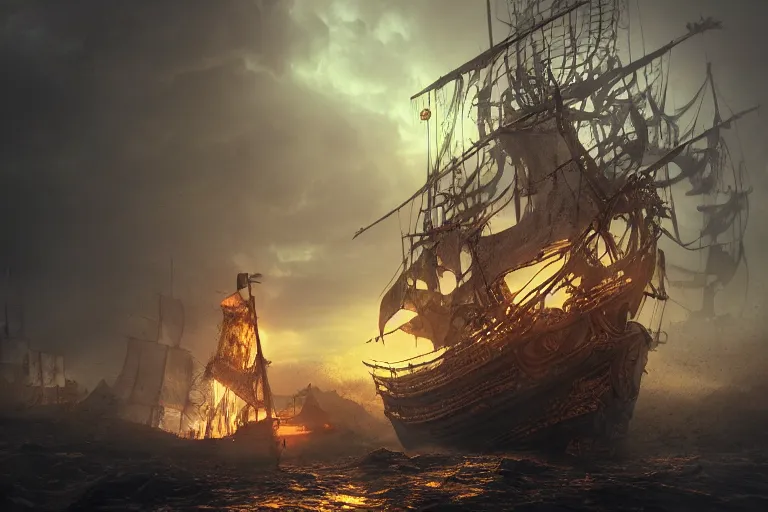 Image similar to a pirate ship with elaborate design driven by skeletons in the middle of a thunderstorm, dark souls inspired, elden ring inspired, octane render, rtx, unreal engine 5, digital painting, trending on artstation, highly detailed, epic composition, 8 k uhd