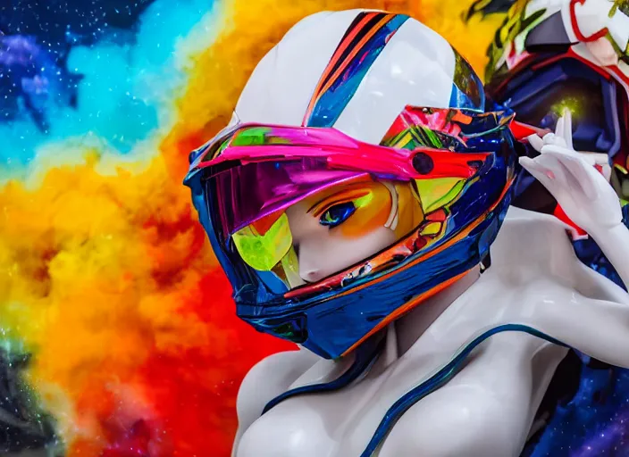 Image similar to extremely beautiful photo of a white marble statue of an anime girl with colorful motocross logos and motorcycle helmet with closed visor, colorful smoke in the background, carved marble statue, fine art, neon genesis evangelion, virgil abloh, offwhite, denoise, highly detailed, 8 k, hyperreal