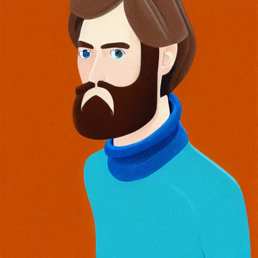 Image similar to gangly man with short light brown wavy hair, light brown stubble beard, no mustache, English heritage, blue eyes, middle aged, wearing a turtleneck and jacket, pale skin, narrow face, digital art, painterly, cartoon, cute, 8k, illustration, art by loish, painterly, trending on artstation, medium shot, uncropped