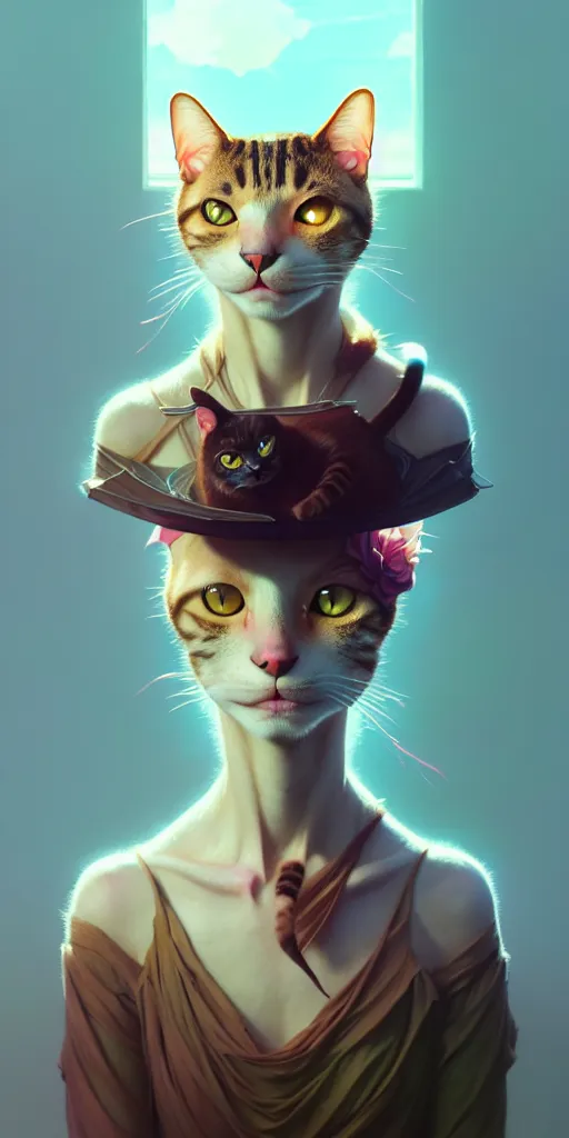 Image similar to portrait of humanoid cat, highly detailed vfx portrait, unreal engine, greg rutkowski, loish, rhads, beeple, makoto shinkai and lois van baarle, ilya kuvshinov, rossdraws, tom bagshaw, alphonse mucha, global illumination, detailed and intricate environment