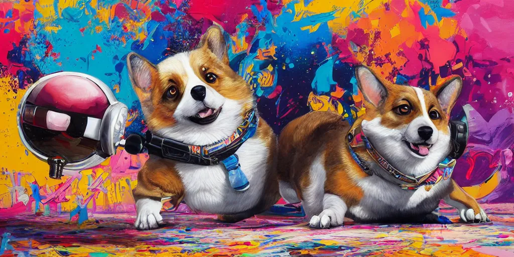 Image similar to beautiful painting of hiphop DJ corgi lofi breakdancing, by Tristan Eaton, James Gurney, greg rutkowski. trending on Artstation, 8k, masterpiece, graffiti paint, fine detail, full of color, intricate detail, golden ratio illustration, corgi