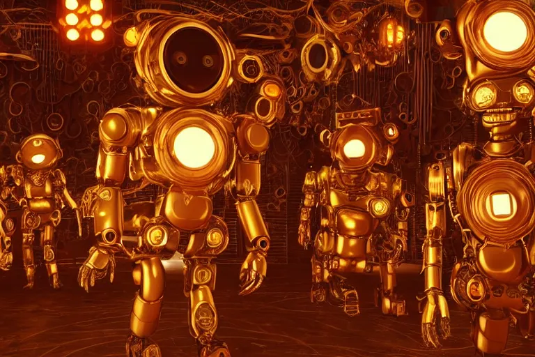 Prompt: 7 golden and blue metal humanoid steampunk robots wearing and gears and tubes, eyes are glowing red lightbulbs, shiny crisp finish, 3 d render, 8 k, insaneley detailed, fluorescent colors, background is an entrance door to a futuristic nightclub, nightlight