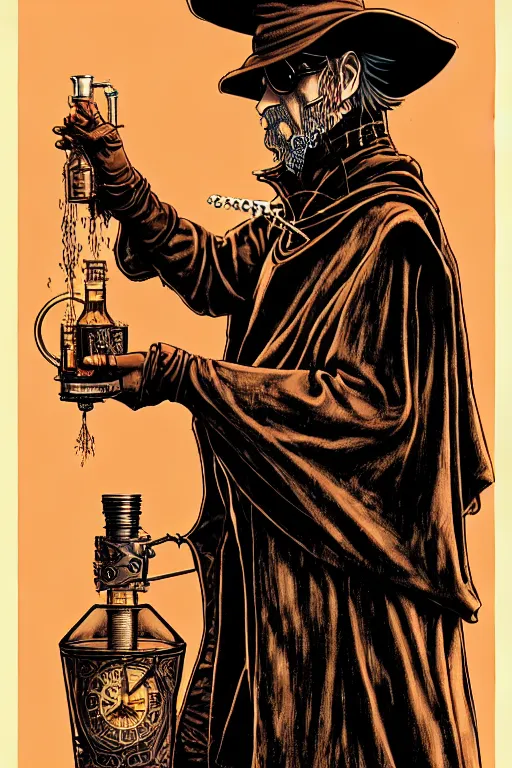 Image similar to cloaked steampunk wizard making a magic potion, high details, intricately detailed, by vincent di fate, inking, 3 color screen print, masterpiece, trending on artstation,, sharp, details, hyper - detailed, hd, 4 k, 8 k