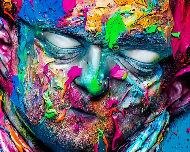 Image similar to abstract expressionist portrait of a head made of very thick impasto paint and acrylic pour and coloured powder explosion and splashing paint and dripping paint and flying paint chunks, eyes closed or not visible, expressing strong emotions, art by antony micallef, motion blur, hyperrealistic, intricate art photography, anatomically correct, realistic crisp textures, 1 6 k