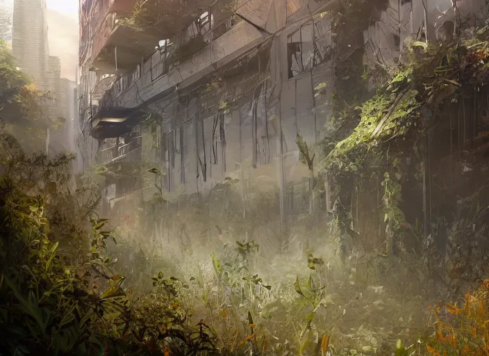 Prompt: overgrown foliage overtaking tall destroyed buildings, biopunk, scenery, professional, award - winning, trending on artstation, detailed, realistic, beautiful, emotional, shiny, golden, picture