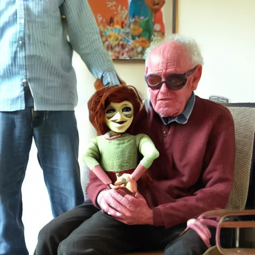 Prompt: pretty ventriloquist dummy sitting on old man's knee