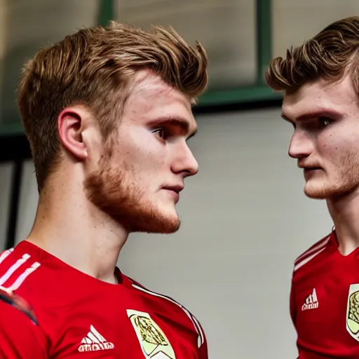 Image similar to a realistic detailed photo of a guy who is an attractive humanoid who is half robot and half humanoid, who is a male android, soccer players martin ødegaard & timo werner, shiny skin, posing like a statue, blank stare, in a factory, on display, showing off his muscles, gold soccer shorts, side view, looking at each other mindlessly