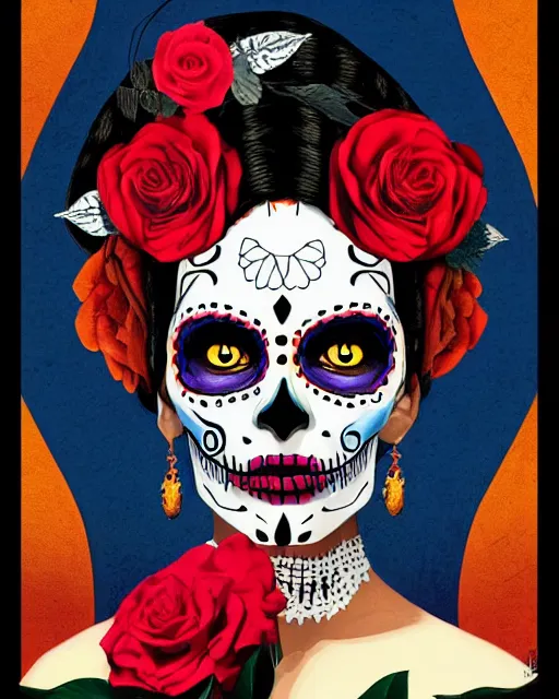 Image similar to dia de los muertos theme poster art by artemio rodriguez, aida muluneh, and gustave bauman, intricate, accurate facial details, profile picture, artgerm, retro, nostalgic, old fashioned, posterized color