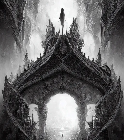 Prompt: beautiful fractal black and white drawing, in the style of greg rutkowski, fantasy, amazing detail, epic, intricate, elegant, smooth, sharp focus