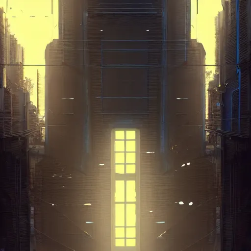 Image similar to One dilapidated building with only one window glowing. ArtStation, Cyberpunk, Vertical Symmetry, 8K, Highly Detailed, Intricate, Album Art.