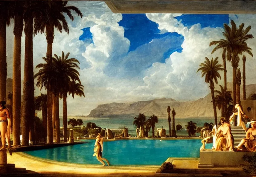 Image similar to The highest palace ever made, thunderstorm, greek pool, beach and palm trees on the background major arcana sky, by paul delaroche, hyperrealistic 4k uhd, award-winning very detailed