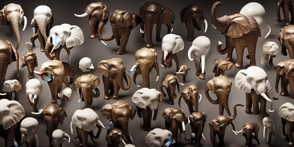 Image similar to Hundreds of Elephant heads in orbit around the earth, soft lighting, chrome and viscera and bone, composition, Cronenberg automata, Marsden, ito, Ryden, sci-fi, Koons, Dieter Rams,