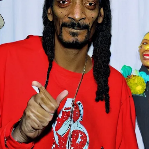 Image similar to Snoop Dog with big eyes eye color red , smiling and holding a joint in his hand