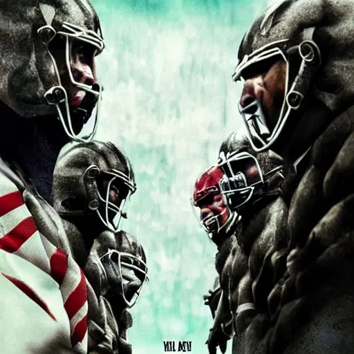 Prompt: a movie poster about fantasy races fighting over an american football