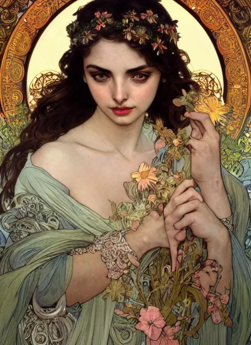 Prompt: Ana de Armas as God of Beauty, cute, fantasy, intricate, elegant, highly detailed, digital painting, 4k, HDR, concept art, smooth, sharp focus, illustration, art by alphonse mucha,artgerm, H R Giger