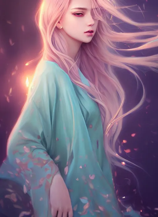 Prompt: dreamlike luxury stunning gorgeous woman fairy full body portrait, pale turquoise kimono long wavy hair windy, art by artgerm, wlop, loish, ilya kuvshinov, 8 k hyperrealistic, hyperdetailed, beautiful lighting, detailed background, depth of field, symmetrical face, frostbite 3 engine, cryengine,