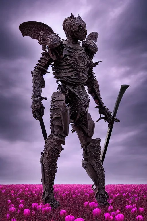 Image similar to hyperrealistic neo - gothic human gargoyle hybrid, exoskeleton armor, fighting with katana, field of pink flowers, highly detailed digital art masterpiece, vitaly bulgarov dramatic dark teal light, ground angle hd 8 k, sharp focus