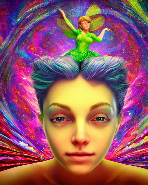 Prompt: portrait ultra dimensional tinker bell, accidentally tripping on dmt and acid, psychedelic experience, overwhelming psychosis of self realization and burning awakening, ultra high definition, unreal engine 5, hyperrealism, masterpiece composition, by casey weldon, barclay shaw 8 k photorealistic