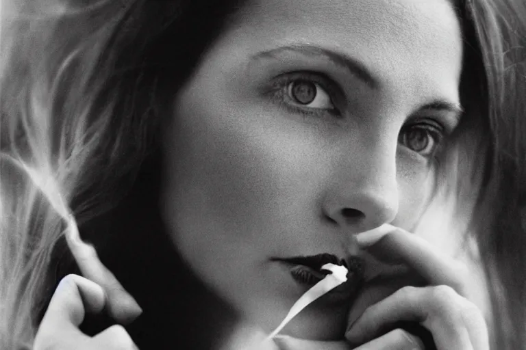 Image similar to close up, black and white portrait, beautiful white woman with bright blue eyes smoking, Peter Lindbergh, 35mm, film photo