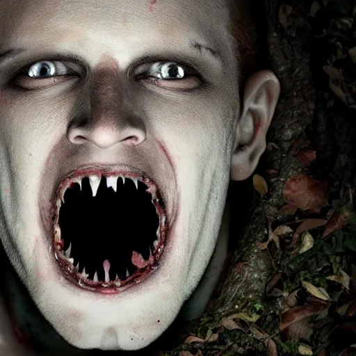 Prompt: hyper realistic horror photo of a pale, wide - eyed vampire crawling from a hole beneath a tree, cinematic, night