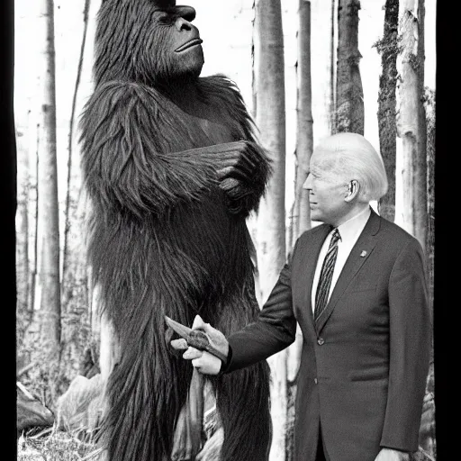 Prompt: us color footage of big foot making trade deals with joe biden, photograph, big foot, award winning photo, 3 5 mm lense, bigfoot