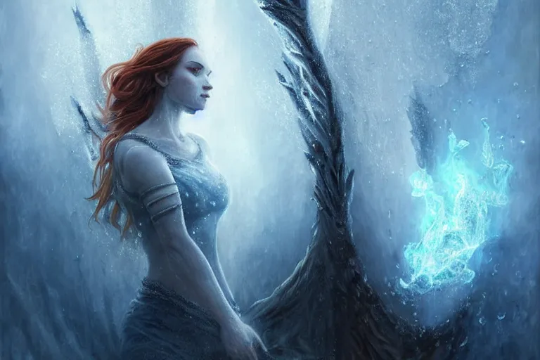 Image similar to Majestic painting of a beautiful young female fire goddess!! being corrupted by ice, intricate, epic, elegant, menacing, fantasy, highly detailed, digital painting, hard focus, beautiful volumetric lighting, epic light, ultra detailed, souls, smoke, icicle, frozen by Leesha Hannigan, Ross Tran, Thierry Doizon, Kai Carpenter, Ignacio Fernández Ríos