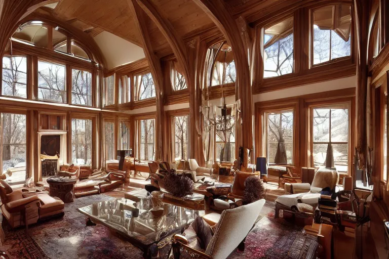 Image similar to interior of a beautiful contemporary mansion in Aspen, skybridges, turrets, golden hour, light snow, snowflakes falling outside, sunbeams, volumetric lighting, by Emmanuel Lubezki