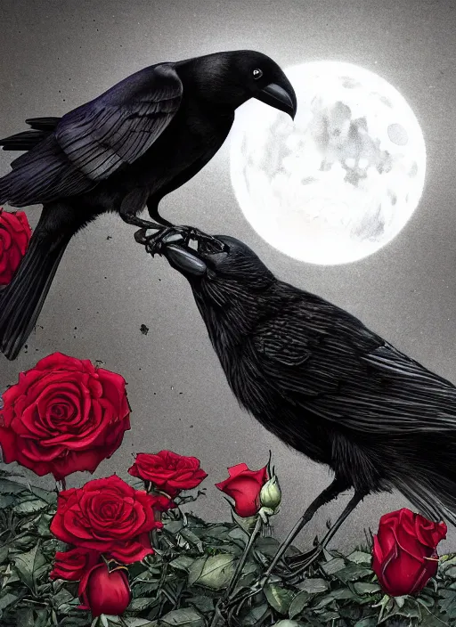 Image similar to portrait, A crow with red eyes in front of the full big moon, book cover, red roses, red white black colors, establishing shot, extremly high detail, foto realistic, cinematic lighting, pen and ink, intricate line drawings, by Yoshitaka Amano, Ruan Jia, Kentaro Miura, Artgerm, post processed, concept art, artstation, matte painting, style by eddie mendoza, raphael lacoste, alex ross