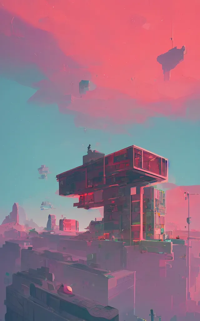 Prompt: a stunning building in a fantastic landscape against a ridiculous sky by Anton Fadeev and Simon Stålenhag