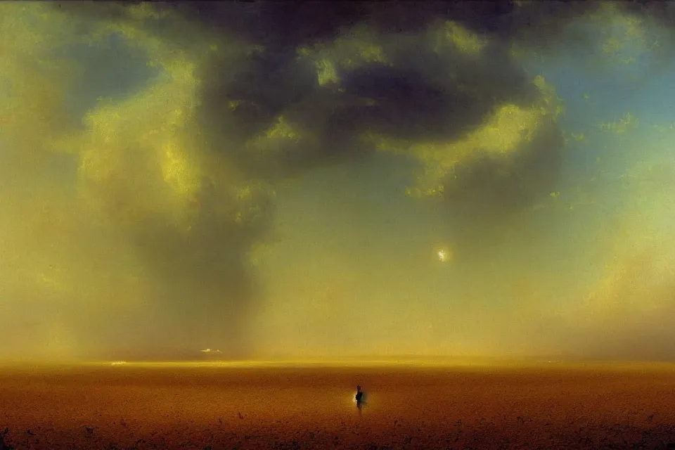 Prompt: sci-fi painting of a large alien city on the vast wheat fields, by Ivan Aivazovsky, godrays, atmospheric, cinematic, detailed