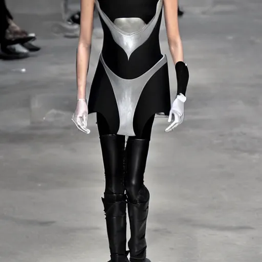Image similar to a futuristic outfit designed by rick owens