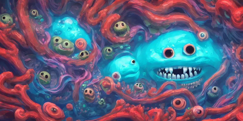 Image similar to of a colorful cloudy deep sea under water with strange cute friendly happy creatures with huge eyes, mouth, long tongue and round teeth appearing from sandy coral, in the style of gehry and gaudi, macro lens, shallow depth of field, highly detailed, digital painting, trending artstation, concept art, illustration, cinematic lighting, photorealism, epic, octane render