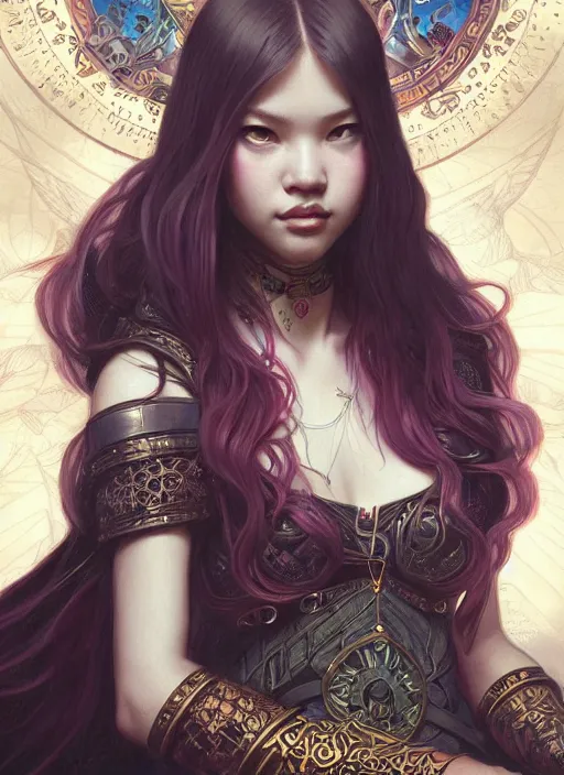 Image similar to jossi of blackpink, deep focus, tarot card, fantasy, intricate, elegant, highly detailed, digital painting, artstation, concept art, matte, sharp focus, illustration, hearthstone, art by artgerm and greg rutkowski and alphonse mucha