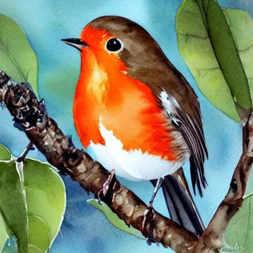 Image similar to watercolor painting of robin bird, very very very very very beautiful nature art, masterpiece, realistic and detailed