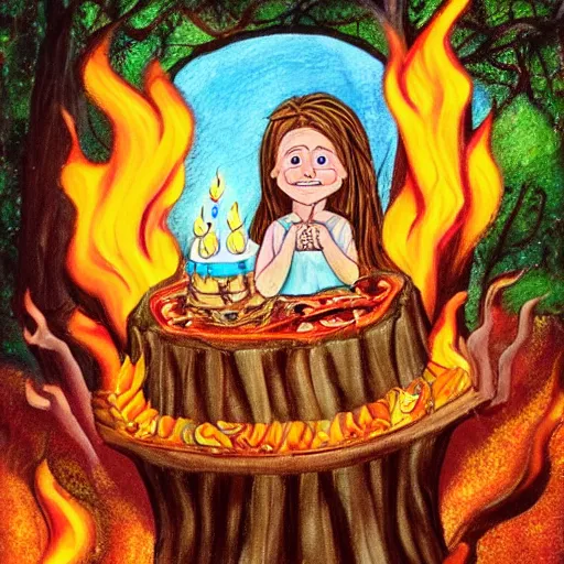 Prompt: madelyn, with the fire of creation in her eyes, coming out of a treehouse with a birthday cake in her hands, detailed, realistic