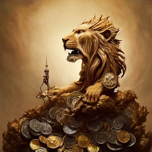 Image similar to a beautiful detailed 3 d matte of a alchemist lion, by ellen jewett, by tomasz alen kopera, ominous, magical realism, texture, intricate, skull, skeleton, gold coins, money, whirling smoke, alchemist bottles, radiant colors, fantasy, volumetric lighting, high details