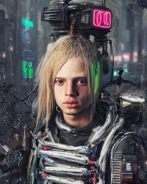 Image similar to detailed portrait Neon guard boy with long straight blonde hair seen from the back, cyberpunk futuristic, reflective puffer jacket, black leggings, decorated with traditional ornaments in front of a dystopian crowd with piles of garbage by Ismail inceoglu dragan bibin hans thoma, Perfect face, fine details, realistic shaded, fine-face, pretty face