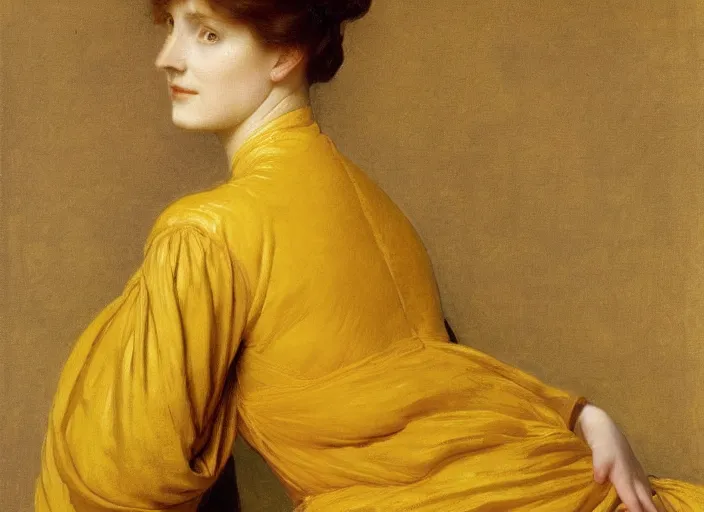 Image similar to portrait of jemma channing, wearing yellow ochre, preraphaelite colour photography by frederic leighton, 8 k