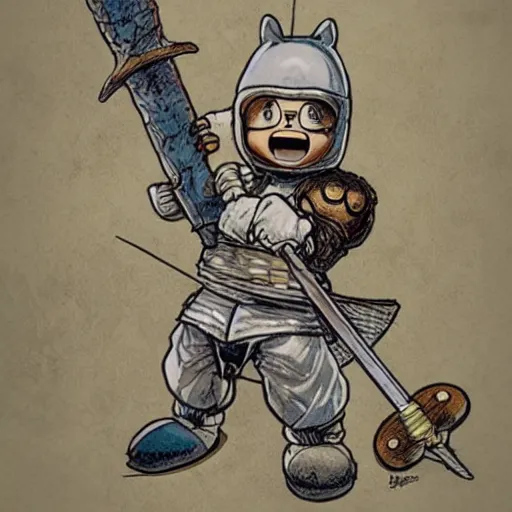 Image similar to original Akira Toriyama character design, medieval knight beaver, holding an enormous sword, sketch, Akira Toriyama style