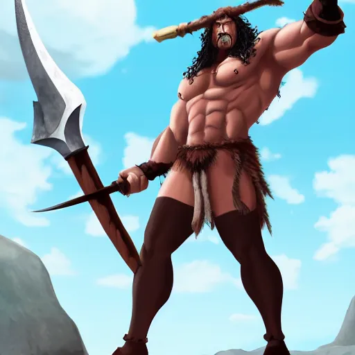 Prompt: bull man barbarian wearing a tattered loincloth with an giant axe, fursona, furry art, anthro, detailed dark brown fur, detailed long black hair, big horns, scars, anime key visual, portrait, makoto shinkai