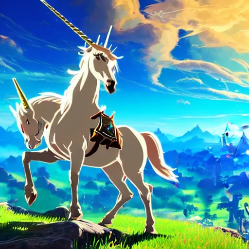 Image similar to beautiful majestic unicorn in the style of legend of zelda breath of the wild, 4 k, hd, hq