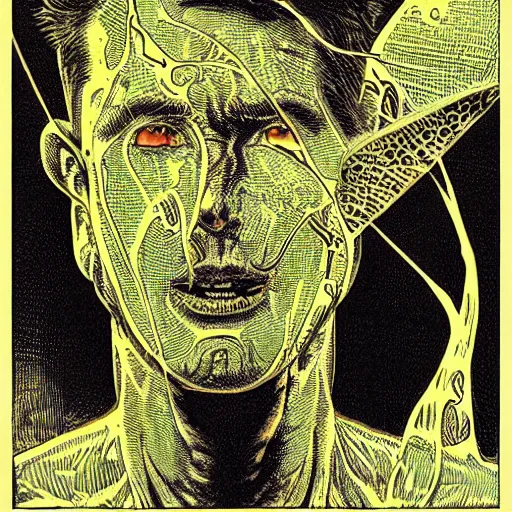 Image similar to a guy, face covered in moths, small details, by virgil finlay, by kilian eng,