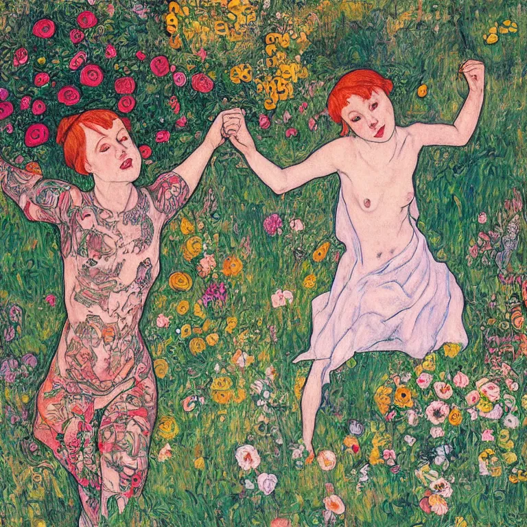 Prompt: a ginger girl with a pixie cut and covered in tattoos dancing by the riverside in a garden full of huge flowers by tivadar csontvary kosztka and egon schiele