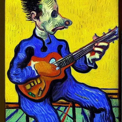 Prompt: oil painting of a sonic plays guitar by vincent van gogh