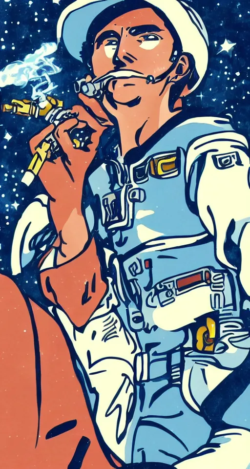 Image similar to a cowboy in space smoking a cigarette, highly detailed, anime style