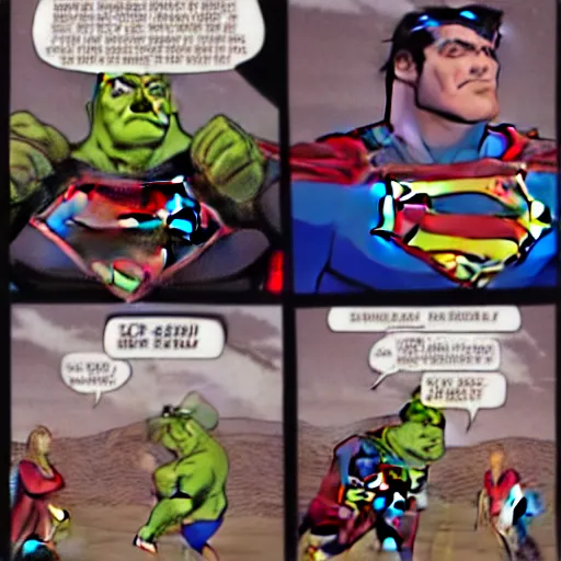 Prompt: Superman vs Shrek in a desert