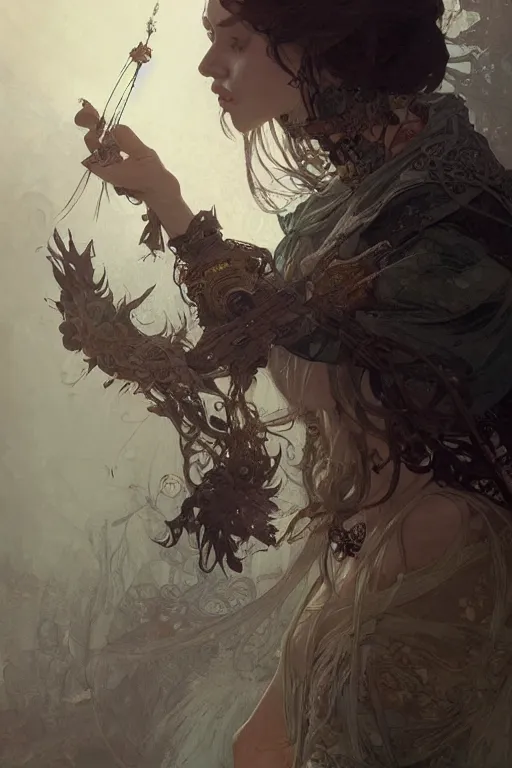 Prompt: A full portrait of a beautiful post apocalyptic celtic blind soothsayer, intricate, elegant, highly detailed, digital painting, artstation, concept art, smooth, sharp focus, illustration, art by Krenz Cushart and Artem Demura and alphonse mucha